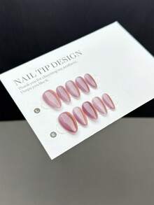 10pcs Handmade Wearable Nail Stickers, Short Almond-Shaped Fake Nails, Featuring Gentle Sweet And Cool Style. With Translucent Pink Rose Cat Eye Effect, Paired With Pointed Almond Nails. Minimalist Solid Color Design Represents Elegant Elegant, Suitable For Ladies' Daily Wear, Comes With Manicure Set - Multicolor - View 4