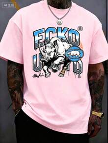 Men's 220g 100% Cotton ECKO UNLTD Iridescent Rhino Graphic T-Shirt,And Breathable Men's Sportswear, Suitable For Everyday Wear,Outings, Commuting. - 粉色 - 查看 3