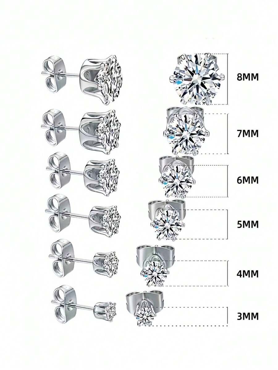 2 đôi bông tai nữ bằng thép không gỉ 6 chấu với khóa bướm, bông tai vương miện cổ điển đính đá Cubic Zirconia, bông tai vòng bằng thép titan không gây dị ứng đính đá Cubic Zirconia, thích hợp cho các cặp đôi, bông tai đa năng unisex, có thể dùng làm quà tặng. - Nhiều màu - Xem 1