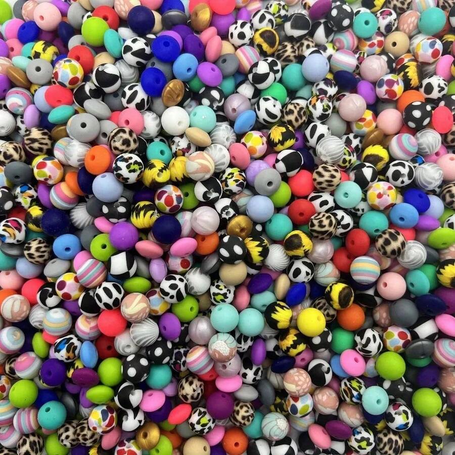100pcs Vibrant Silicone Beads - Round, Printed, Abacus Beads Multi-Color Mixed - Ideal For DIY Bracelets, Jewelry, Phone Charms And Keychains, Silicone Craft Beads - Multicolor - View 1