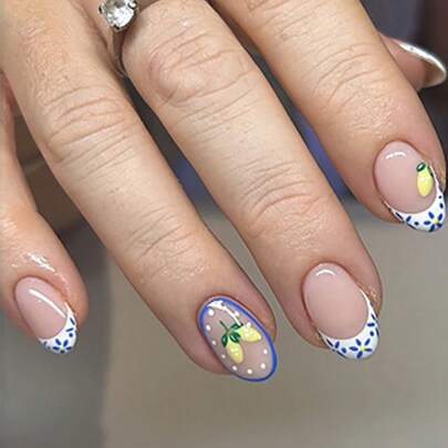 24pcs Short Oval False Nails, Simple French Tulip Floral Wearable Nails, Removable Full Coverage Nails, Suitable For Parties, Proms, And Everyday Wear