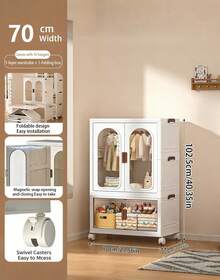 70CM/ 27.55in Clear Door Foldable Wardrobe Storage Cabinet With Wheels, Stackable Multi-Tier Closet Organizer, Durable Clothes Storage Solution For Home & Dorm - White - View 12