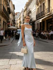 Women's Elegant Casual Crinkle Dress With Scoop Neck, Backless, Adjustable Gold Beaded Drawstring, Pleated, Flowy, Loose, A-Line Silhouette, Spring/Summer Party - Baby Blue - View 4