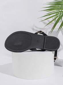 Women Gladiator Sandals Fashion Studded Design Open Toe Thong Strap Buckle Structure Summer Casual Vacation Black Style - Black - View 8