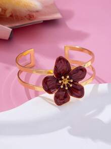 1pc Fashionable Elegant Artificial Drip Oil Coffee Tone Five-Petal Flower Open Bangle Bracelet For Women, Suitable For Daily Wear And Holidays, An Excellent Gift Choice (Gift Box Not Included) - Coffee Brown - View 3