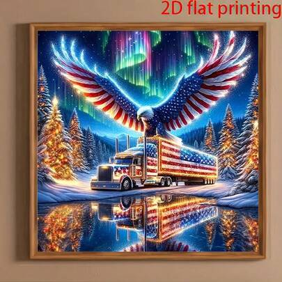 美国国旗雄鹰翱翔卡车极光雪景钻石画套装，圆形亚克力宝石DIY艺术工艺品，十字绣套装，墙面装饰