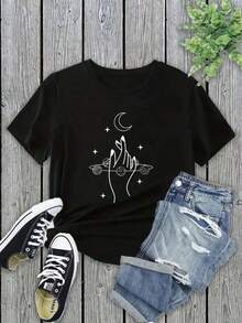 1 pcsCamiseta de mujer de manga corta, cuello redondo, 100% algodón, holgada, de estilo casual y versátil con estampado moderno.180g 100% Cotton - Negro - Ver 2