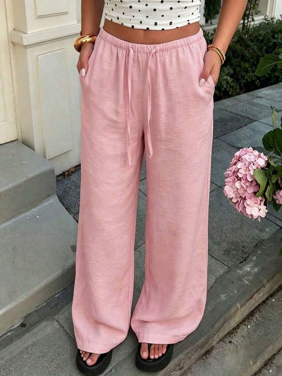 Pantalones anchos de lino para mujer, cintura elástica con cordón, sueltos y relajados, informales, ligeros y transpirables, para verano - Rosa - Ver 1