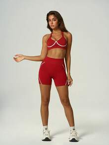 UONNOU Women's Contrast White Cross Line High Waist Biker Shorts, Tummy Control Hip Lifting Ruched Back Seamless Ribbed Stretch Workout Yoga Shorts - Red - View 11