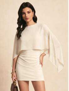 Solid Color Bat Patchwork 2 In 1/Deconstructed Mini Dress, Suitable For Night Out, Vacation, Birthday Party Elegant - Champagne - View 2