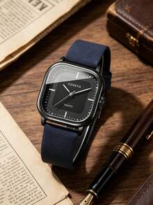3-Piece Luxury Business Men's Watch Set, Including 1 Black Square Dial Quartz Watch, 1 Rhombus Texture Short Wallet, And 1 Business Signing Pen - Blue - View 2