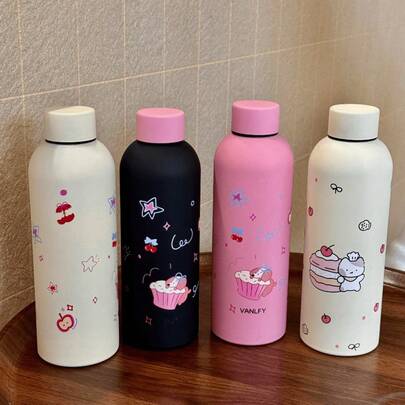 1 pieza - Taza de boca pequeña de alta calidad de 500ml/16.9oz, diseño de patrón lindo, botella de agua aislada de acero inoxidable de moda, adecuada para exteriores, fitness, viajes, mejor opción de regalo para días festivos