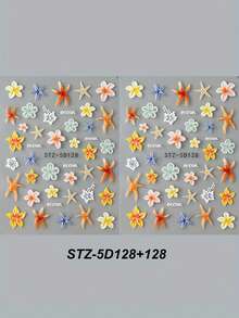 2pcs 5D Embossed Ocean Style Nail Art Stickers - Orange Hibiscus Flower & Starfish Nail Decals - Summer Beach/Vacation/Music Festival DIY Nail Decoration - Multicolor - View 8