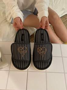 XIXITIAO Cute Heart & Letter Embroidered Slip-On Slippers, Women's Comfortable Indoor Soft Bottom House Shoes With Adjustable Hook And Loop, Lightweight And Cozy - Navy Blue - View 7