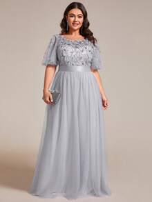 EVERPRETTY Đầm phù dâu cỡ lớn dành cho nữ, chất liệu lưới đính sequin họa tiết hoa, thích hợp cho tiệc cưới mùa thu hoặc dạ hội. - Màu Xám nhạt - Xem 7