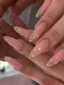 24-Piece French 3D Embossed Gold-Plated Almond-Shaped Rhinestone And Pearl Wearable Nails, Used To Enhance Your Style And Temperament, Suitable For Girls For Dating, Daily Life, And Holiday Parties. Press-On Fake Nail Patches Include 1 Piece Of Jelly Gel And 1 Nail File. - Gold - View 7