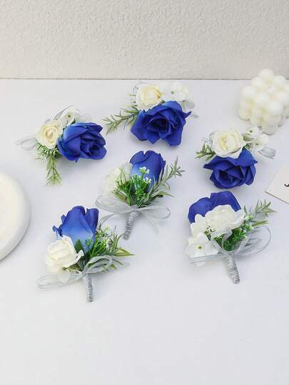 1pc/6pcs Premium Navy Blue Rose With White Tea Bud Artificial Green Plant Elegant Boutonniere, Suitable For Groom, Bride, Wedding Decoration, Events, Travel, Campus Celebration, Conferences