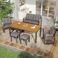 Modern Outdoor Sofa Set, Ideal For Relaxation And Gatherings. Iron Frame, Woven Armrests, Seat Cushions Included, Multifunctional Table. - 灰色 - 查看 12