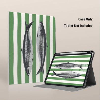 1pc Flip Cover Desk Protector With Pen Slot, Green Stripe And Fish Pattern, Compatible With Huawei Matepad SE 11in/Matepad Pro 11in/Matepad 11.5in 2026, Honor Pad 8/9/10, Honor GT 11.5inch/X7/X8A/X9/X8Pro/X9Pro/X10 PRO/V9/V8 Pro, S11/A11/A11+/A9/A9+, Apple And Other Popular Models, Auto Sleep/Wake Function, Suitable For Back To School, Valentine's Day