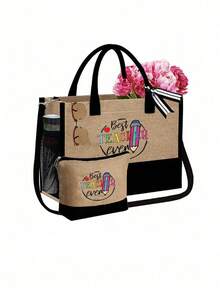 Cosmetic Bag Set, Mastra Letter Pattern Design, Reusable Shopping Tote Bag And Cosmetic Bag, Tote Bag And Cosmetic Bag With Shoulder Strap, Personalized Gift Bag With Side Pockets, Beach Bag With Scarf, Holiday Gift Bag Graduation Gift Friend Birthday Teacher Gift, Perfect For Vacation And Holidays, Suitable For Daily Use, Birthday, Holiday, Back To School, Beach, Travel, Work, Picnic, Camping - Multicolor - View 15