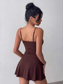 Women's Solid Color Knitted Ruched Double-Layer Dress With Built-In Safety Shorts, Sexy & Elegant For Commuting, Casual, Effortless Style Brown Summer - Brown - View 5