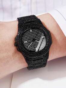 1pc Luxury Men's Wristwatch With Unique Octagonal Dial Design, Fully Embedded With Shiny Black Diamonds. The Textured Dial Features Minimalist Bar Indexes And Date Display Window. - Black - View 5