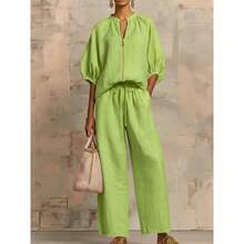 Women's Matching Lounge Set Quarter Zip Pullover Top Loose Wide Leg Pants 2 Piece Sweatsuit Casual Outfit - Xanh lam công - Xem 7