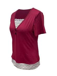 Women's Casual Commuter Colorblock Lace Button Short Sleeve Fitted T-Shirt, Summer - Burgundy - View 4