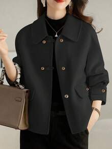 Plus Size Women Lapel Single-Breasted Short Jacket, Plus Size Overcoat For Autumn Black Fall - Black - View 2