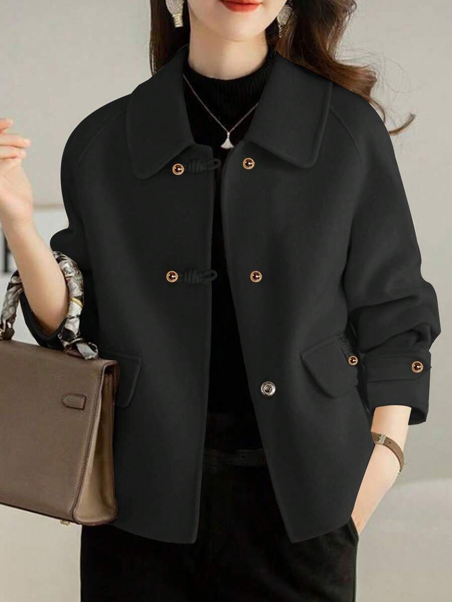 Plus Size Women Lapel Single-Breasted Short Jacket, Plus Size Overcoat For Autumn Black Fall