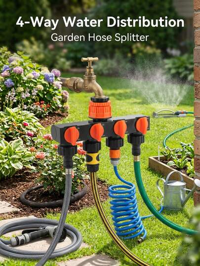 1pc Garden Hose Splitter, 4-Way Spigot Distributor, Anti-Drop With Water Design, Supply For Backyard Lawn, Outdoor RV Accessory, Stylish Gift For Camping Agriculture Landscape Irrigation Connector