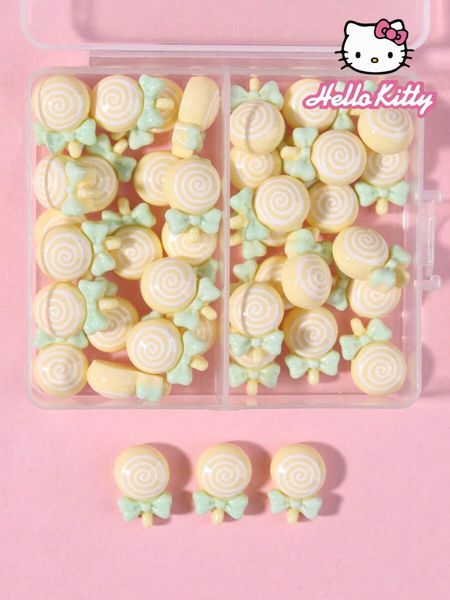 40件/組 Sanrio Hello Kitty 卡通美甲裝飾套組,1款黃色蝴蝶結棒棒糖造型美甲水鑽 DIY 微型平底貼片美甲飾品 - 彩色 - 查看 1