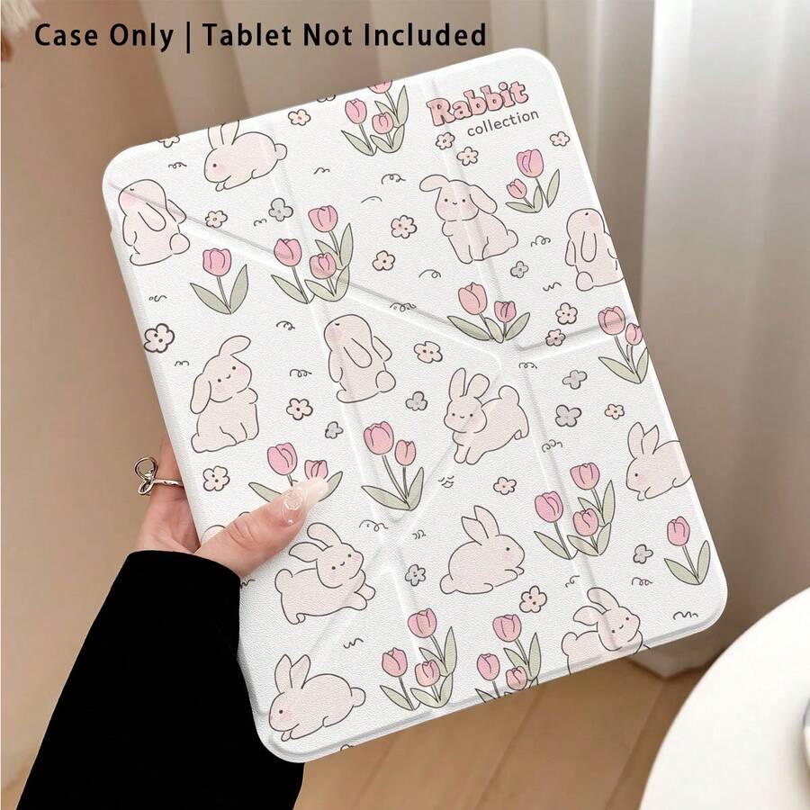Cute Rabbit Painted Acrylic Crystal Tablet Protective Case With Stand, Compatible With Samsung/Apple/Honor/ And Other Popular Models, Foldable Anti-Bend, Silicone Reinforced Corners, Auto Wake/Sleep, Built-In Pen Slot, Multi-Angle Foldable Stand, Perfect Daily Protection, Great Gift For Holidays - Style 5 - View 1
