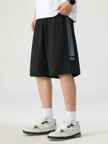 Pantalones cortos deportivos de secado rápido talla grande, pantalones cortos tipo bermuda rectos de estilo casual con bloques de color, adecuados para el verano - Negro - Ver 4