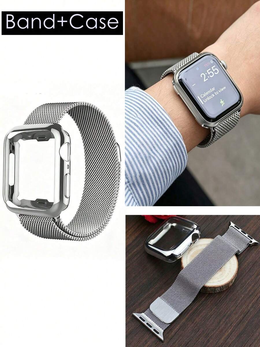 1 dây đeo Milanese bằng thép không gỉ + 1 ốp lưng TPU tương thích với dây đeo 38mm 40mm 41mm 42mm 44mm 45mm 46mm 49mm, khóa từ tính cho Series 11 10 9 8 7 6 5 4, SE 3 2 1 Ultra3 2, dành cho cả nam và nữ. - Bạc - Xem 1