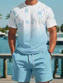 男士热带花卉印花圆领短袖休闲T恤和抽绳腰带短裤套装，舒适亲肤，适合度假和海滩穿着 - 彩色 - 查看 1