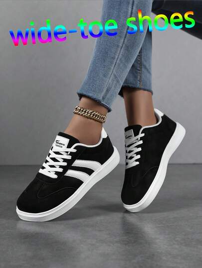 Zapatos de punta ancha para mujer, zapatillas planas de estilo retro para pies anchos, zapatos blancos, diseño de bloques de color, zapatillas retro clásicas de color negro y blanco de mujer con diseño clásico de rayas, ligeras, suela de goma gruesa, zapatos cómodos para mujer, zapatos casuales de cordones y punta redonda, parte superior de cuero sintético, zapatos de estudiante, adecuados para combinar con vaqueros, vestidos, uso diario, zapatillas de running, zapatillas, zapatos de mujer, zapatillas de mujer, zapatillas blancas