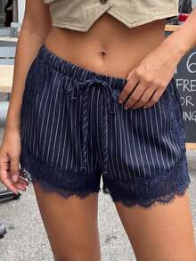 Pantalones cortos de mujer a rayas, de moda veraniega, informales, con dobladillo de encaje, cordón ajustable y bolsillos. - Azul - Ver 4