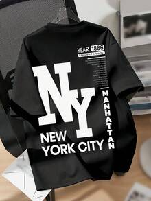 NY Graphic Crew Neck T-Shirt, Casual Alphabet Pattern, Regular Length, All-Weather Fabric-X - Black - View 2