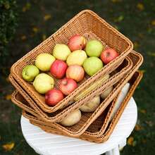 Rectangular Faux Rattan Woven Storage Basket, Kitchen Fruit Vegetable Bread Basket, Restaurant Snack Tray, Home Miscellaneous Storage Tray, Suitable For Restaurant, Bakery, Entrance, Coffee Table, Office Desk, Picnic/Camping - Multicolor - View 2