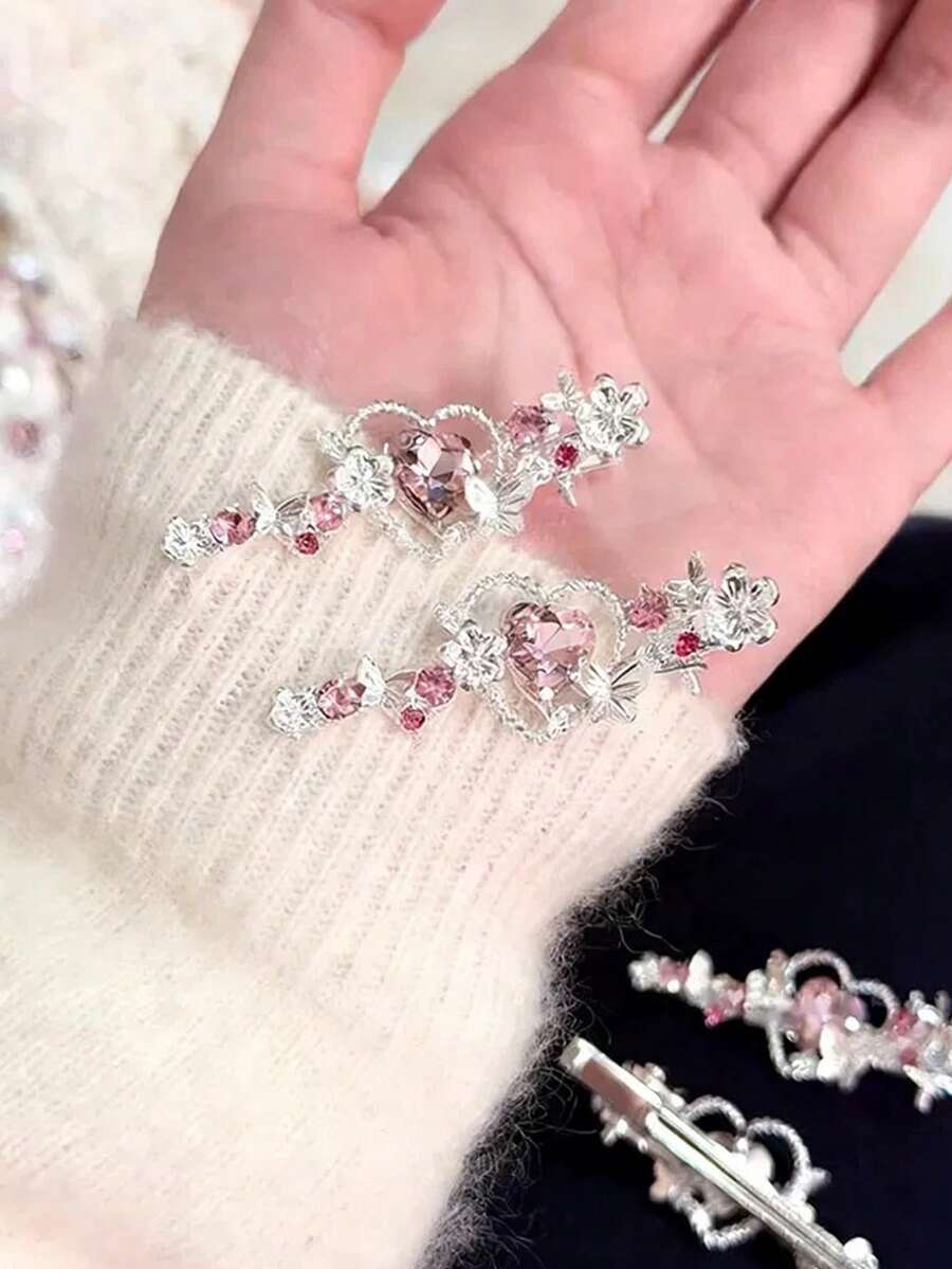 Sweet & Cool Pink Heart Flower Rhinestone Hair Clip, Unique Side Bangs Hairpin, Delicate Hair Accessory For Women,Travel,Birthday, Claw Clips - Silver - View 1