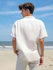 Men's Solid Color Casual Shirt, Short Sleeve Shacket, White Fashion Shirt, Hawaiian Resort Beach Shirt - White - View 2