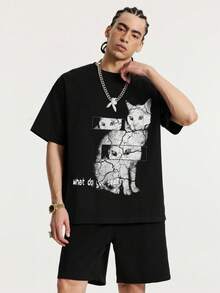 Tiny Spark 男士复古做旧猫眼图案印花T恤，黑色 - 黑色 - 查看 4