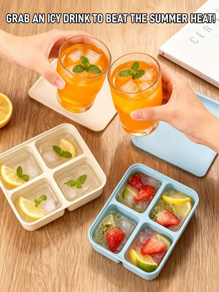4-Cavity Square 100% Silicone Tray With Lid, Flexible Freezer Mold For Easy Ice Release, Suitable For Storing Broth, Leftovers, Prep Ingredients, And Making Clear Ice Cubes For Fish Tails And Whiskey. Dishwasher , Heat Resistant, And Reusable. - Multicolor - View 2