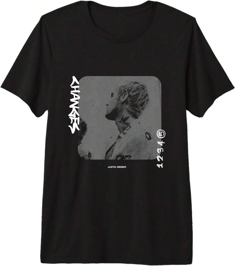 T-shirt graphique Changes Album pour femme, coupe ajustée, noir, manches courtes, style décontracté pour les fans - Noir - Voir 1