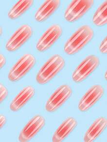 30pcs Medium-Long Almond-Shaped False Nails, Peach Pink Gradient Glass Bead Highlight Cat Eye Press-On Nails, Removable Full-Coverage Nails, Suitable For Parties, Proms, And Daily Wear - Pink - View 4