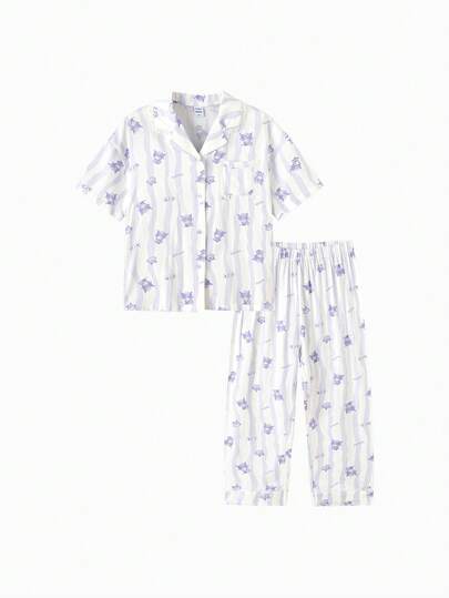 Balabala Sanrio Girls Pajama Set Tween Girl Summer Lace Trim Sweet Style Cartoon Print Homewear Air Condition Lounge Outfit Soft Comfortable Sleepwear