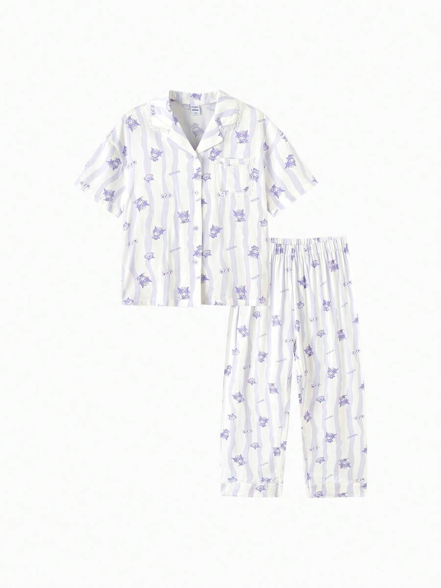 Balabala Bộ đồ ngủ Sanrio cho bé gái tuổi teen, kiểu dáng ngọt ngào, viền ren, in hình hoạt hình, thích hợp mặc ở nhà, thoáng mát, mềm mại và thoải mái. - Tông màu tím - Xem 1