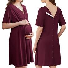 New Summer Maternity V-Neck Solid Color Nursing Short Sleeve Loose Breathable Dress - Màu Đỏ Sâu - Xem 5