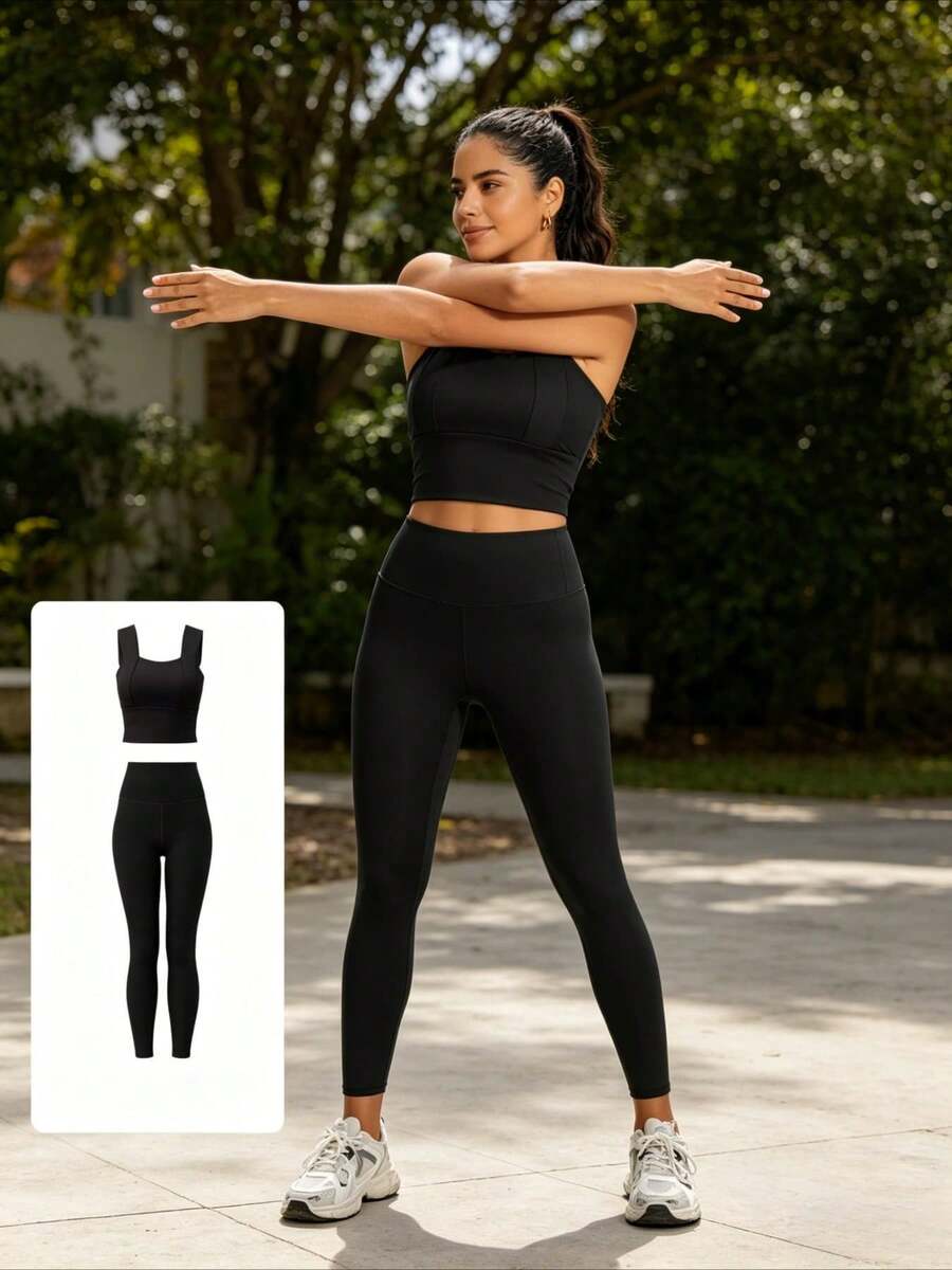 Conjunto básico de yoga New Peach, conjunto de ejercicios de intensidad media, a prueba de golpes y con buen soporte, conjunto de dos piezas para correr en interiores y hacer ejercicio. - Negro - Ver 1